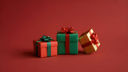 Colorful Wrapped Christmas Gift Boxes Isolated on Red Background