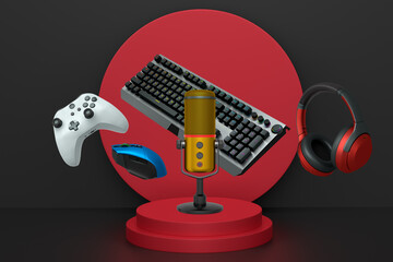 Gaming and streaming accessories including RGB keyboard, headphones, mic, mouse floating above podium