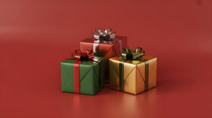 Fototapeta premium Colorful Wrapped Christmas Gift Boxes Isolated on Red Background