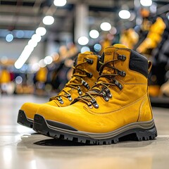 Pair of bright yellow work boots.  Close-up view, slightly out of focus background