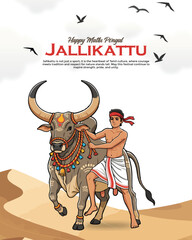 Jallikattu Festival Illustration with Bull Taming and Tamil Culture