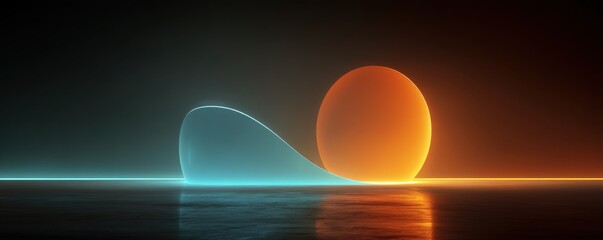Abstract background with two glowing shapes, blue and orange, reflecting on calm water