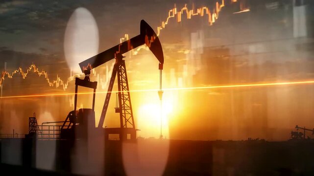 Oil pumpjack silhouette at sunset with glowing sky and transparent market chart lines over scene