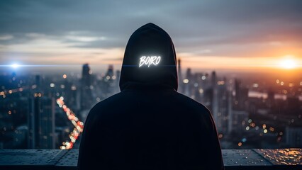 Hooded Figure Overlooking Cityscape at Dusk.