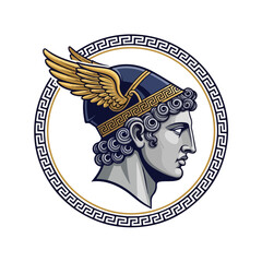 Fototapeta premium Ancient Greek God Hermes Head with Winged Helmet and Meander Pattern.