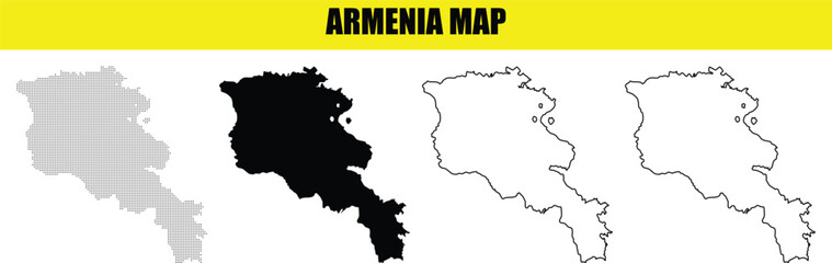Set of Armenia Map Variations: Gray, Black Filled, and Outline Contour Maps with 'ARMENIA MAP' Text