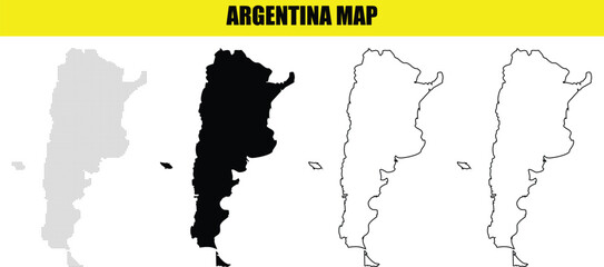 Set of Argentina maps with outline, solid black, and gray silhouette vector graphics