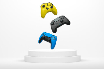 Colorful gaming controllers joystick levitating over podium against abstract background, minimalist concept device on pedestal