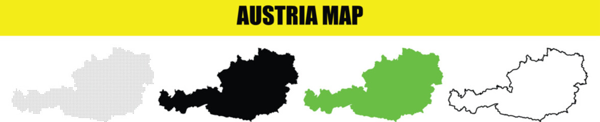 Vector graphic set of Austria map outlines in black, green, and grey with 'AUSTRIA MAP' title