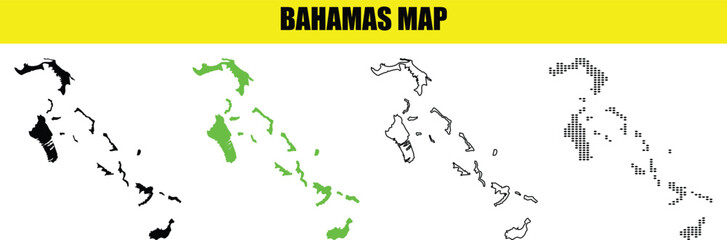 Bahamas Map Vector Set with Solid Black, Green, Gray, and Outline Styles Isolated