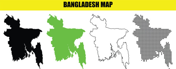 Bangladesh Map Vector Graphics Set in Black Silhouette, Green, Outline, and Gray