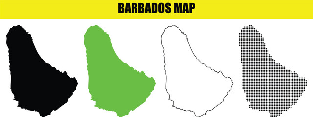 Barbados Map Vector Set 'BARBADOS MAP' with Black Silhouette, Green, Outline, and Gray Versions