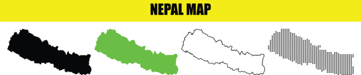 Vector Map of Nepal Set with Black, Green, Grey Fills and Outline, Labeled 'NEPAL MAP'