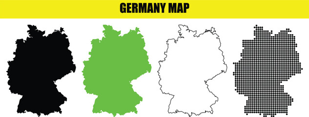 Set of Germany Map Vector Graphics in Black, Green, Outline, and Gray on White Background