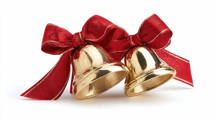 Two Shiny Golden Holiday Bells Adorned with a Sparkling Red Mesh Bow, Isolated on a Clean White Background for Festive Celebration and Seasonal Design.