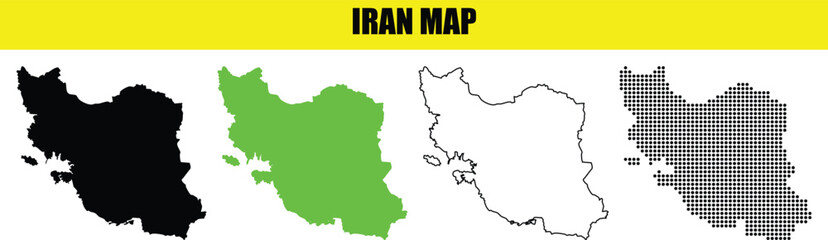 Iran Map collection with 'IRAN MAP' text banner, featuring black, green, outline, and grey vector variations