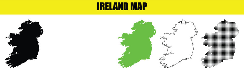 Set of Ireland Map Vector Graphics with Black, Green, Grey, and Outline Versions Isolated