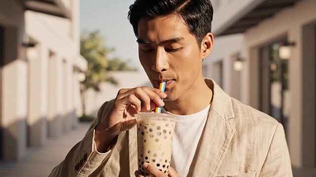 Young man enjoys a refreshing beverage with tapioca pearls on a sunny day