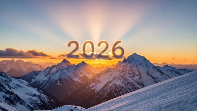  Sunrise over snowy mountain range with 2026 clouds for New Year concept - Powered by Adobe