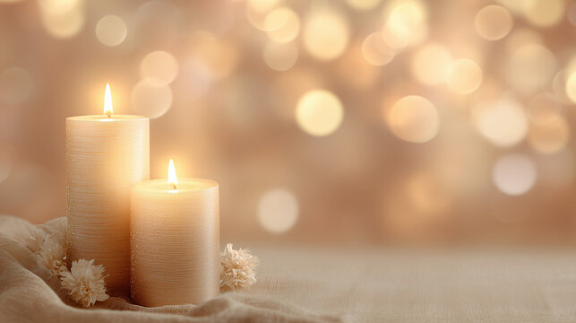 An elegant candlelight winter holiday background in warm ivory and champagne tones, enhanced by soft glowing candlelight bokeh and gentle ambient warmth that creates an intimate festive mood. 