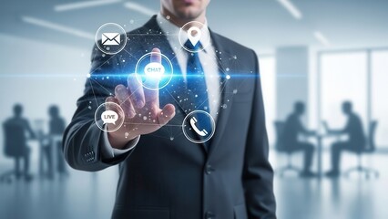 Sophisticated and confident businessman in a dark gray suit elegantly interacting with a futuristic, glowing network of digital communication icons – including chat bubbles, email, location pins, and