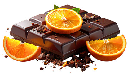 Dark chocolate bar topped with shards and orange slices, isolated on transparent background