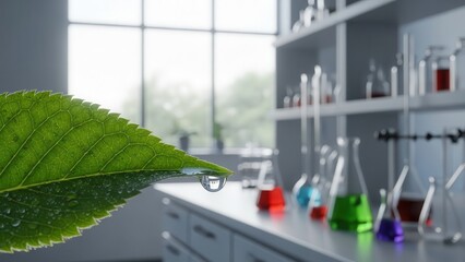 Vibrant, dew-kissed green leaf with delicate water droplets clinging to its surface dramatically foregrounds a blurred, brightly lit modern laboratory setting filled with colorful chemical solutions