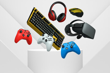 Gaming and streaming accessories including RGB keyboard, headphones, microphone, VR glasses floating above podium