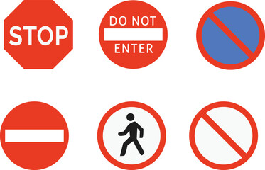 Collection of Red Prohibitory and Mandatory Traffic Road Signs on White Background