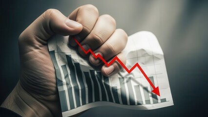 A tightly clenched, masculine hand aggressively crumples a printed graph displaying a sharply declining red line chart with gray bar graph elements, set against a blurred, neutral gray background with
