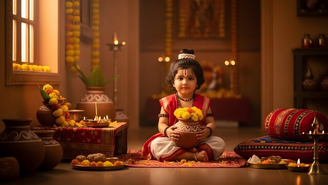 Traditional indian girl in prayer with flowers and diyas at home