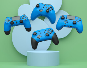 Colorful gaming controllers joystick levitating over podium against abstract background, minimalist concept device on pedestal