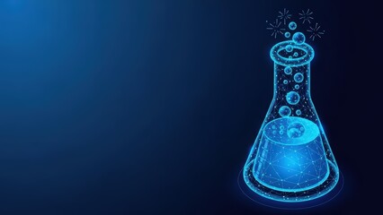 A glowing blue wireframe laboratory flask with bubbling liquid and radiating sparks on a dark blue background symbolizing science and innovation