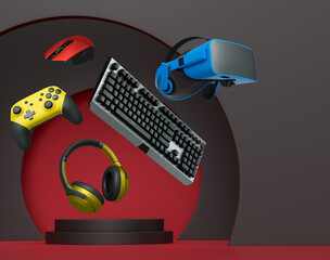Gaming and streaming accessories including RGB keyboard, headphones, mouse, joystick and VR glasses floating above podium