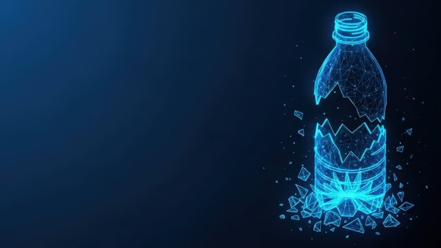 Abstract blue digital bottle shattering into fragmented pieces with neon glow on dark background