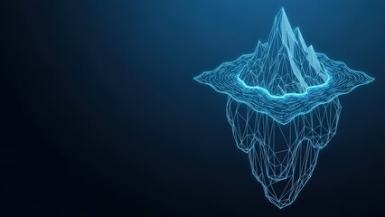 Abstract digital wireframe iceberg with glowing blue geometric mesh on dark background