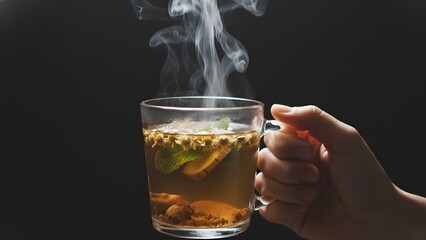 Hand Holding Hot Tea in Glass Mug.