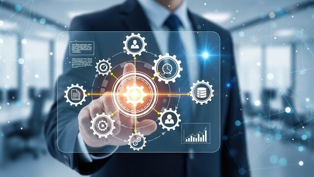 Sophisticated and technologically advanced business professional in a dark navy suit confidently interacts with a glowing, holographic interface displaying interconnected gears and data icons, - Powered by Adobe