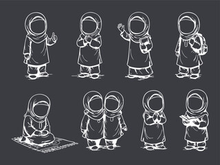 Chalkboard Sketch Collection of Muslim Girls in Various Poses