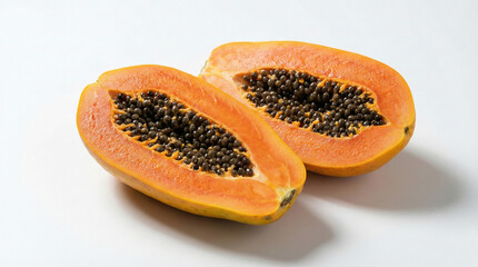 Halved ripe papaya fruit with black seeds isolated on white background