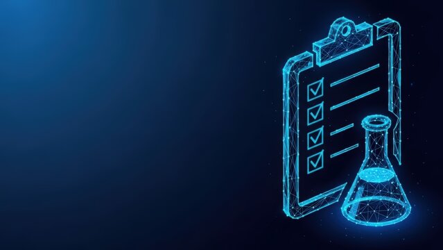 Digital clipboard displaying a checklist with completed tasks illuminated by neon blue lines against a dark background