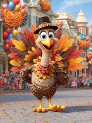 Cheerful Thanksgiving Turkey Character in Colorful Parade with Festive Decorations and Fall Leaves