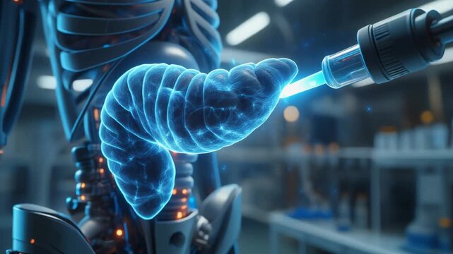 Futuristic Robotic Intervention with a Digitally Rendered Human Pancreas, Showcasing Advanced Biomedical Research, Medical Technology, and Innovative Diagnostic Processes
