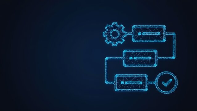 Digital schematic of an automated workflow with connected components and a central gear