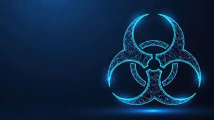 Glowing blue biohazard symbol on a dark digital background representing danger and risk