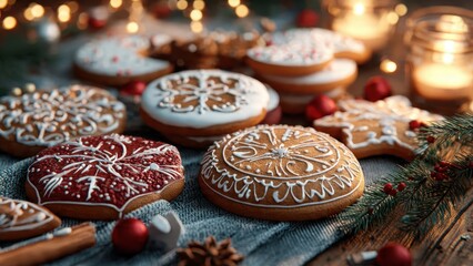 Festive close-up of intricately decorated Christmas gingerbread cookies with royal icing designs on a rustic table, illuminated by warm candle light and golden bokeh background.