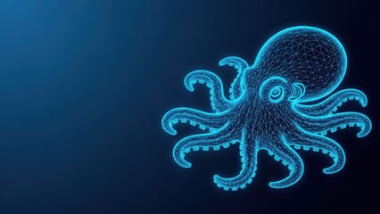 Glowing blue wireframe octopus illustration on dark background