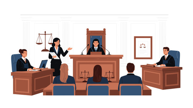 Courtroom scene in session with a judge, jury, and lawyers, where a female attorney is presenting her case to the court.