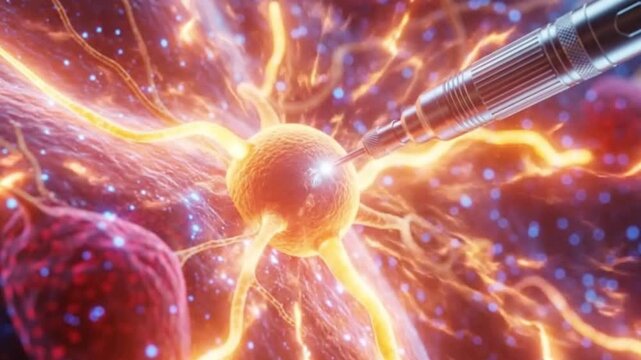 Precise microscopic intervention on a glowing neuron, symbolizing advanced neurotechnology and scientific research