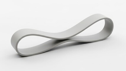 Smooth, minimalist white infinity loop sculpture crafted from matte plastic material gracefully curves and intertwines in a continuous flow, softly illuminated by diffused studio lighting against a